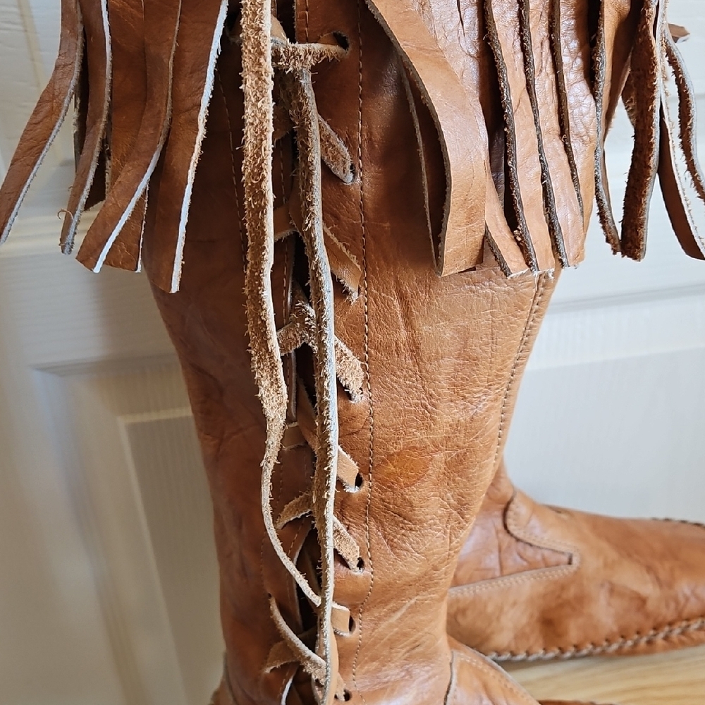 Handmade Brown Leather Fringe Boots - Picture 3 of 7